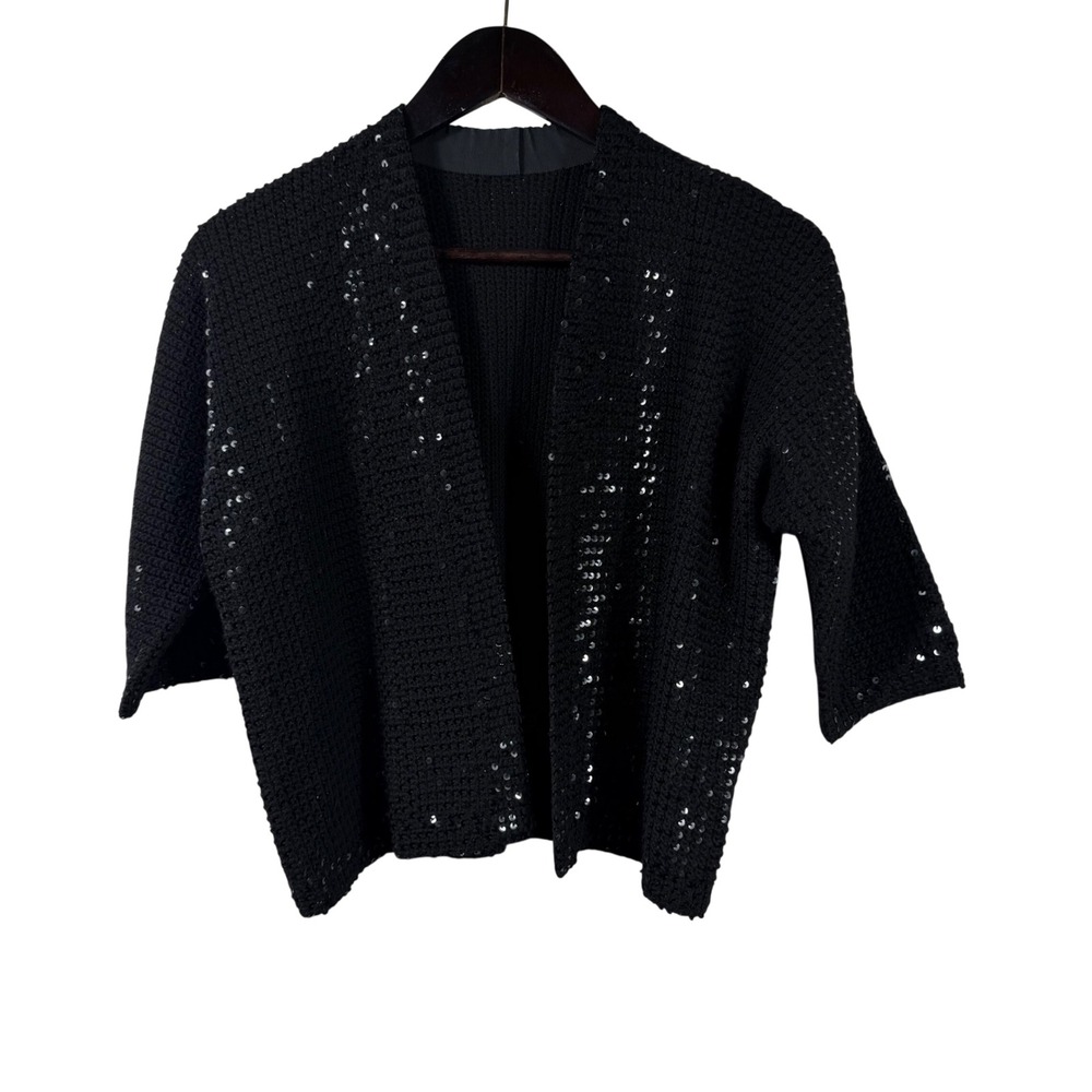 Anna Giovannozzi Italy Black Sequin Knit Cardigan Open Front 3/4 Sleeve Vintage